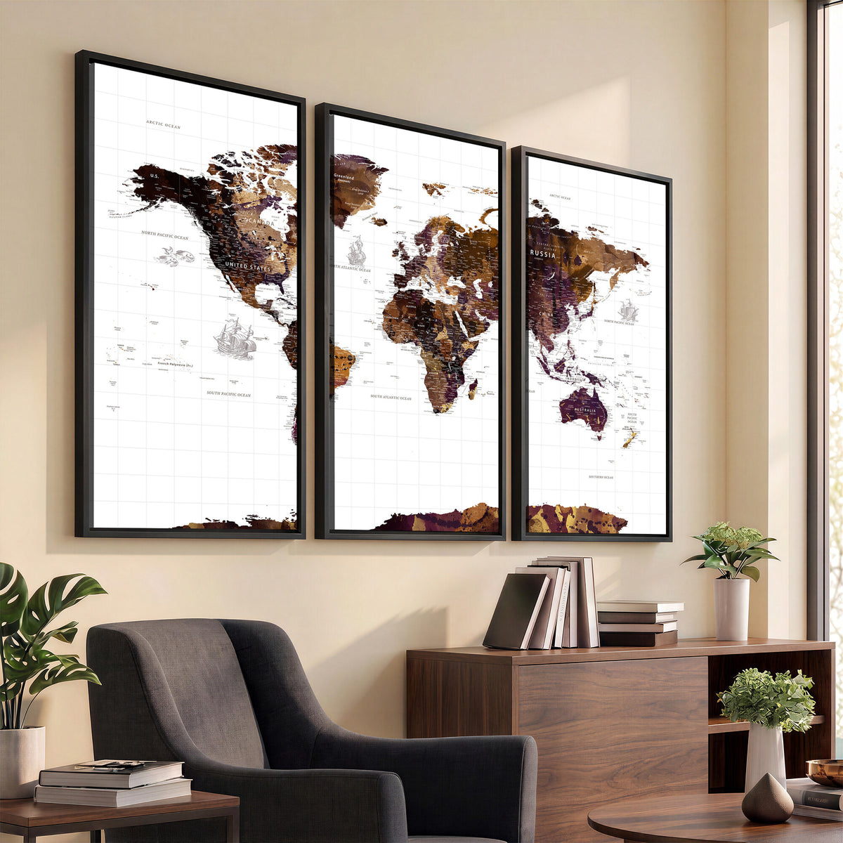 34792695-MGV-CV-36X24 - Rustic World Map Wall Art Canvas Print | Large Vintage Blue World Map on Wood Grain Style Background