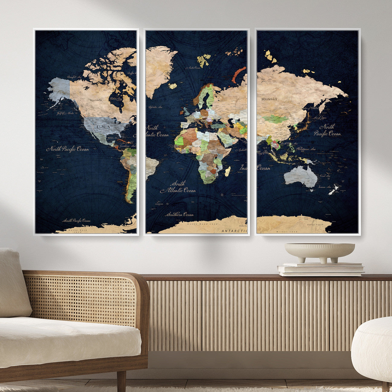 76603563-MGV-CV-36X24 - World Map Wall Art Canvas Print, Modern Decorative Framed Map Artwork Prints for Living Room, Office, Bedroom Wall Decor