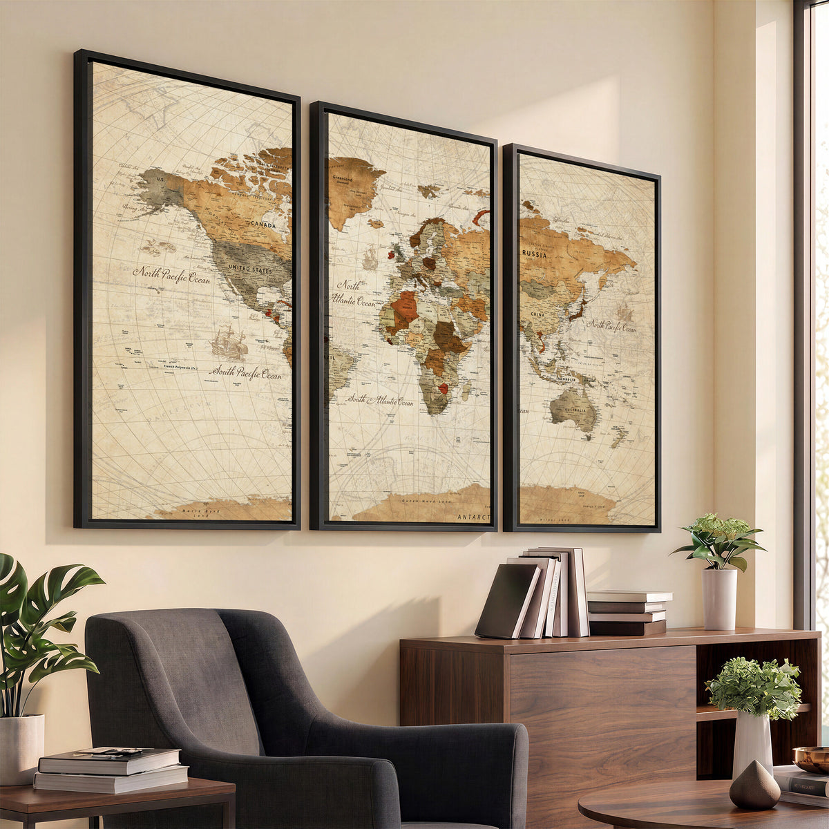 29684537-MGV-CV-36X24 - Vintage World Map Canvas Print, Framed Rustic Detailed Map of the World, Explorer Decor