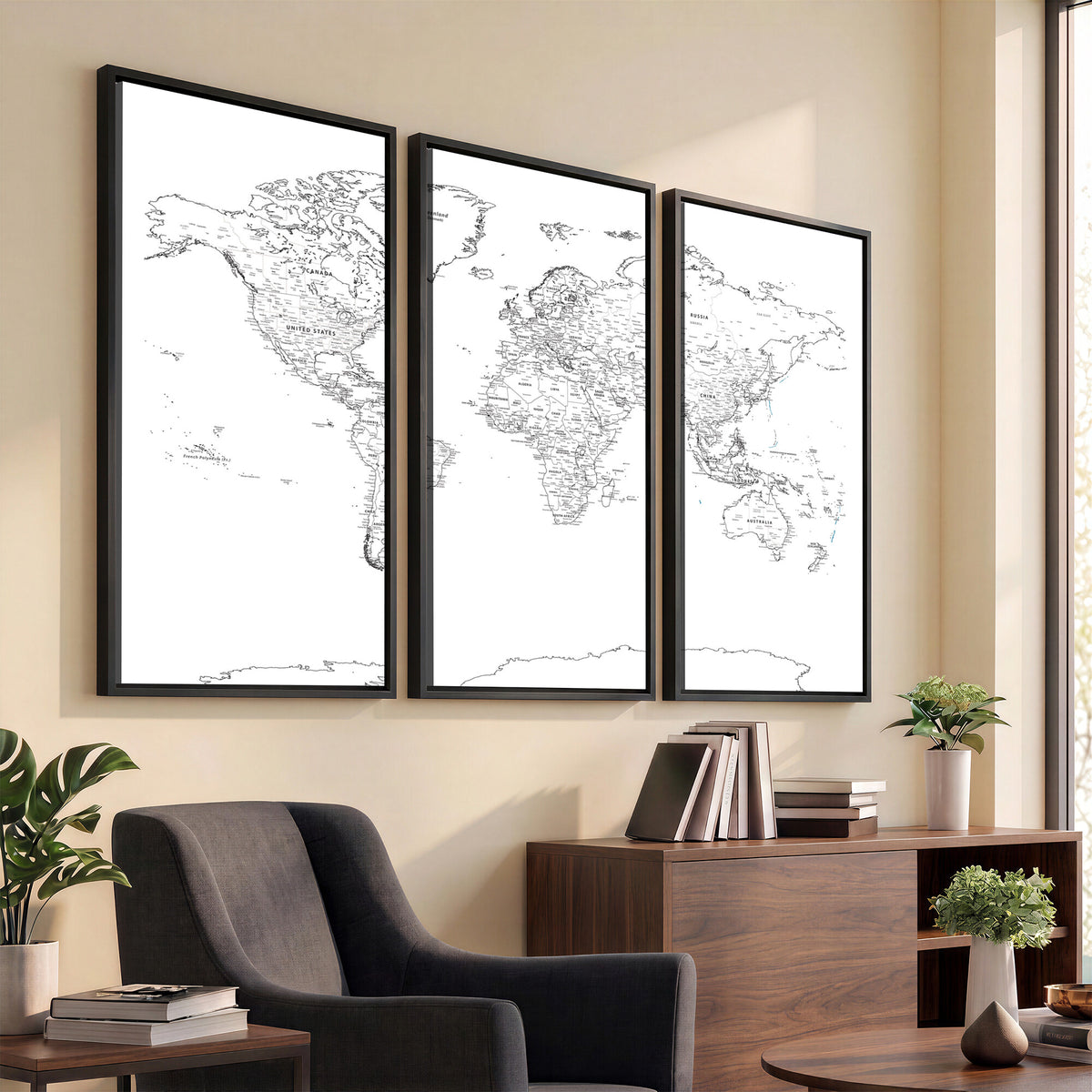 21002736-MGV-CV-36X24 - World Map Canvas Print, Framed Modern Detailed Map of the World for Home or Office