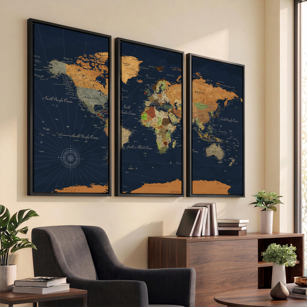 11715182-MGV-CV-36X24 - Modern World Map Canvas Print, Framed Detailed Map of the World Wall Art