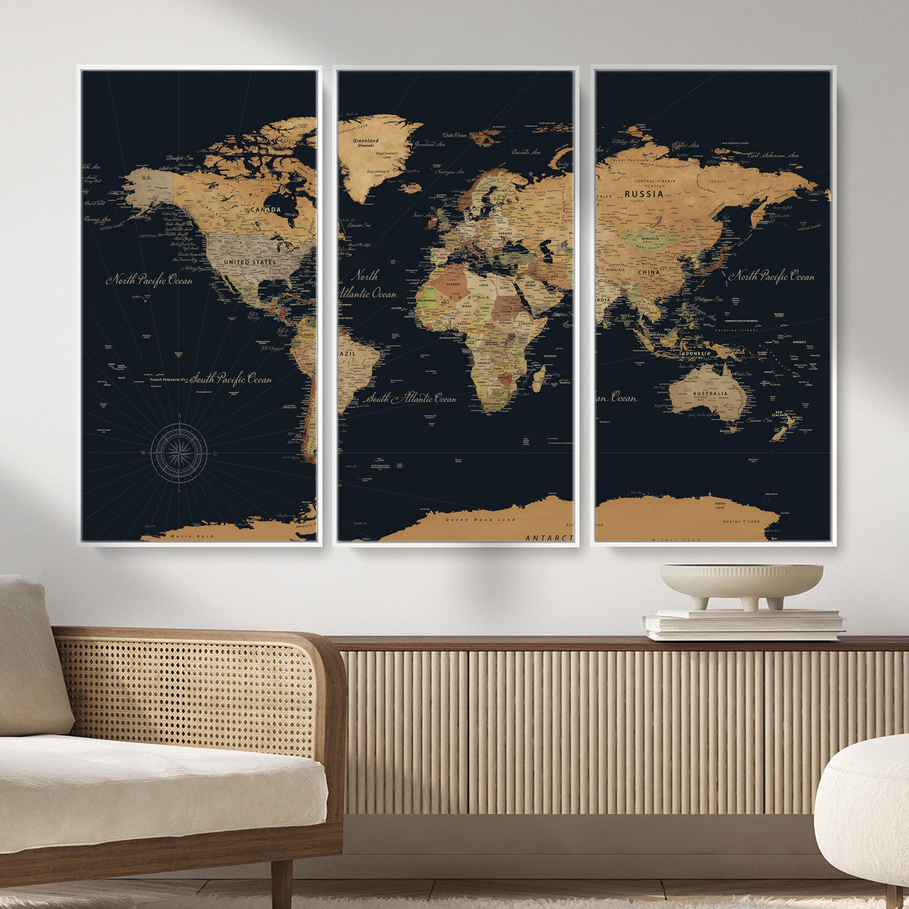 87280374-MGV-CV-36X24 - World Map Wall Art Canvas Print, Modern Decorative Framed Map Artwork Prints for Living Room, Office, Bedroom Wall Decor