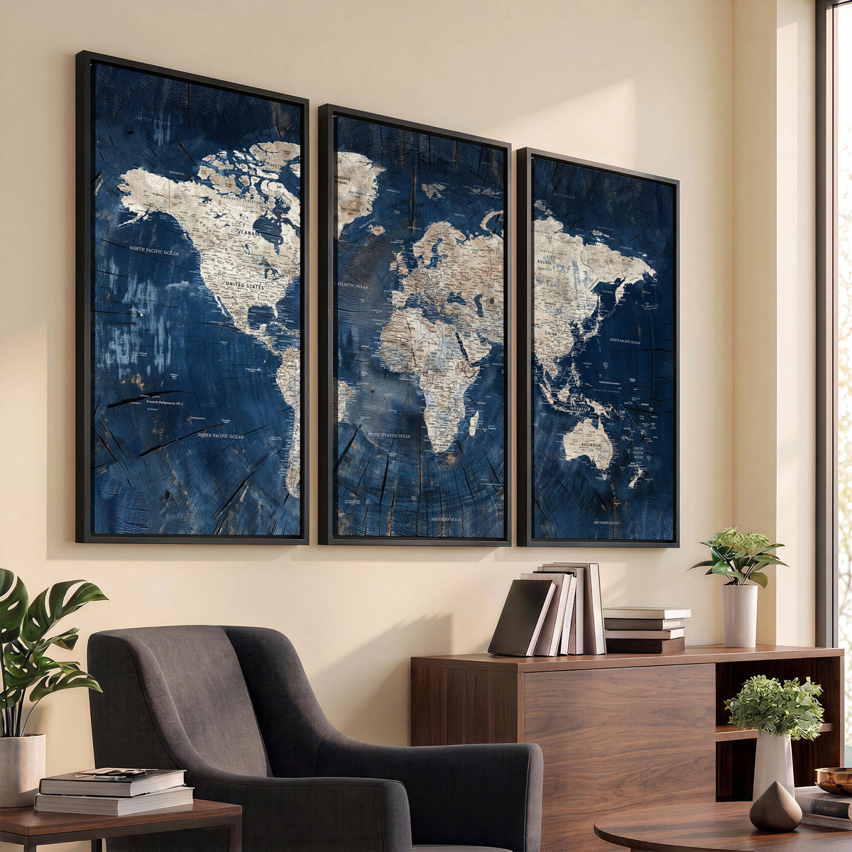 56126010-MGV-CV-36X24 - Large Blue World Map Wall Art Canvas Print for Home Office