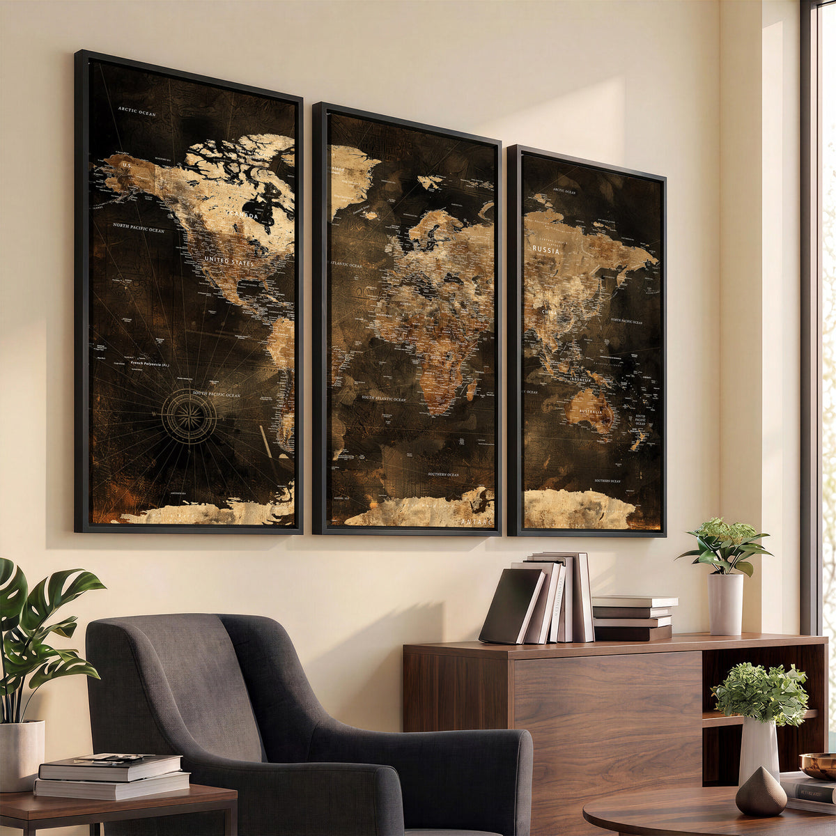 97742922-MGV-CV-36X24 - World Map Canvas Print, Modern Decorative Framed Map Artwork