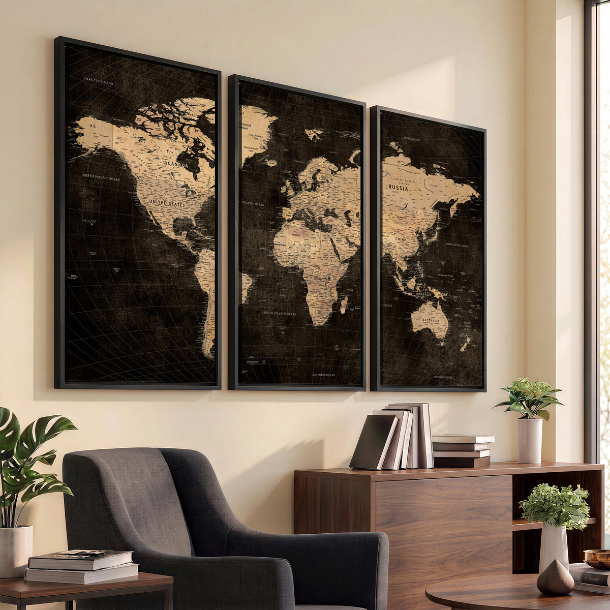 15118265-MGV-CV-36X24 - Brown World Map Canvas Print | Modern Travel Map Wall Art
