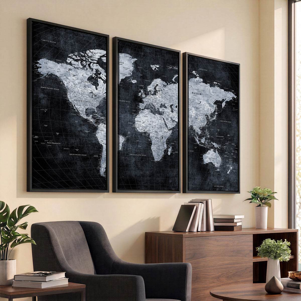 86893704-MGV-CV-36X24 - Black World Map Canvas Print | Detailed Map for Couples and Anniversary Gift