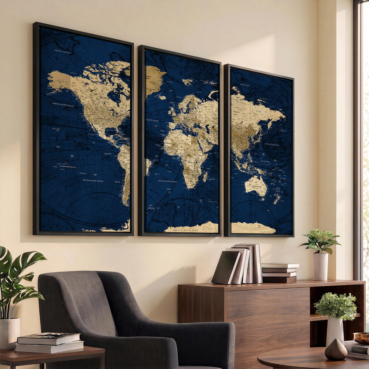 54770746-MGV-CV-36X24 - Navy Blue World Map Canvas Print – Detailed Map Minimal Navy