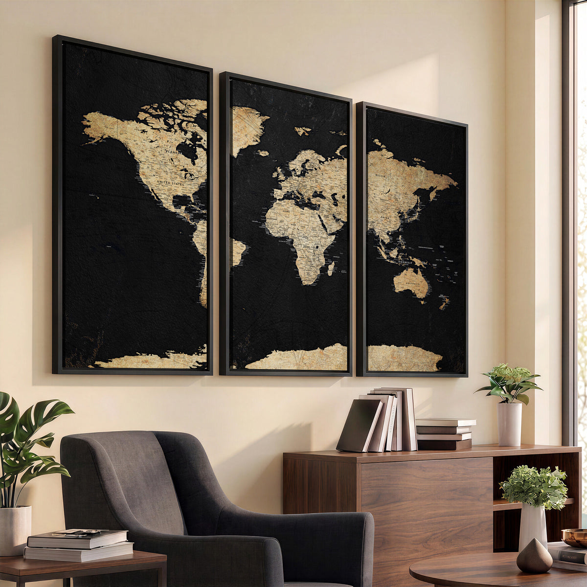 71518849-MGV-CV-36X24 - Beige World Map Canvas Wall Art Print, Minimal Black and