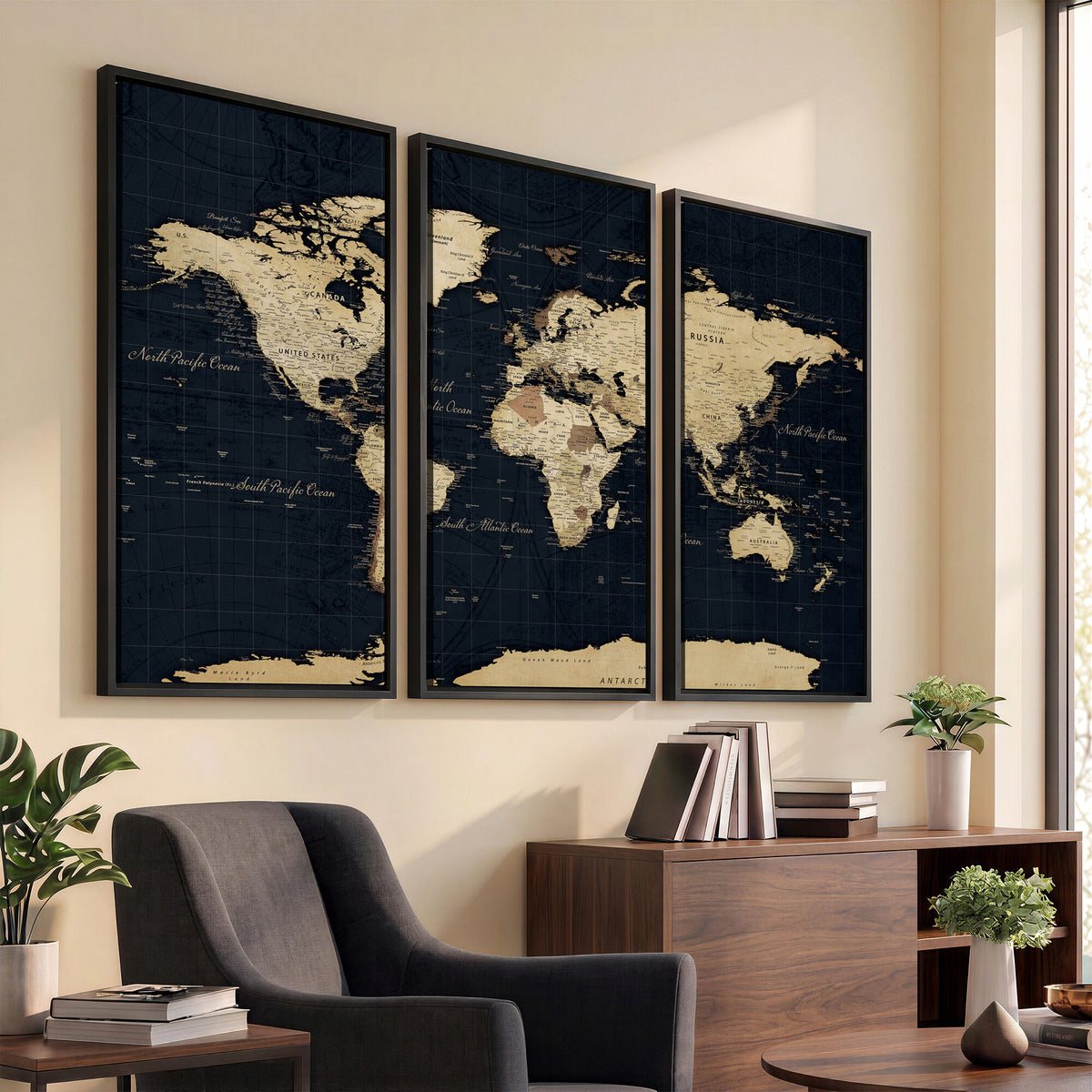 45063434-MGV-CV-36X24 - Dark World Map Canvas Wall Art Print, Minimal Black and Gold Map