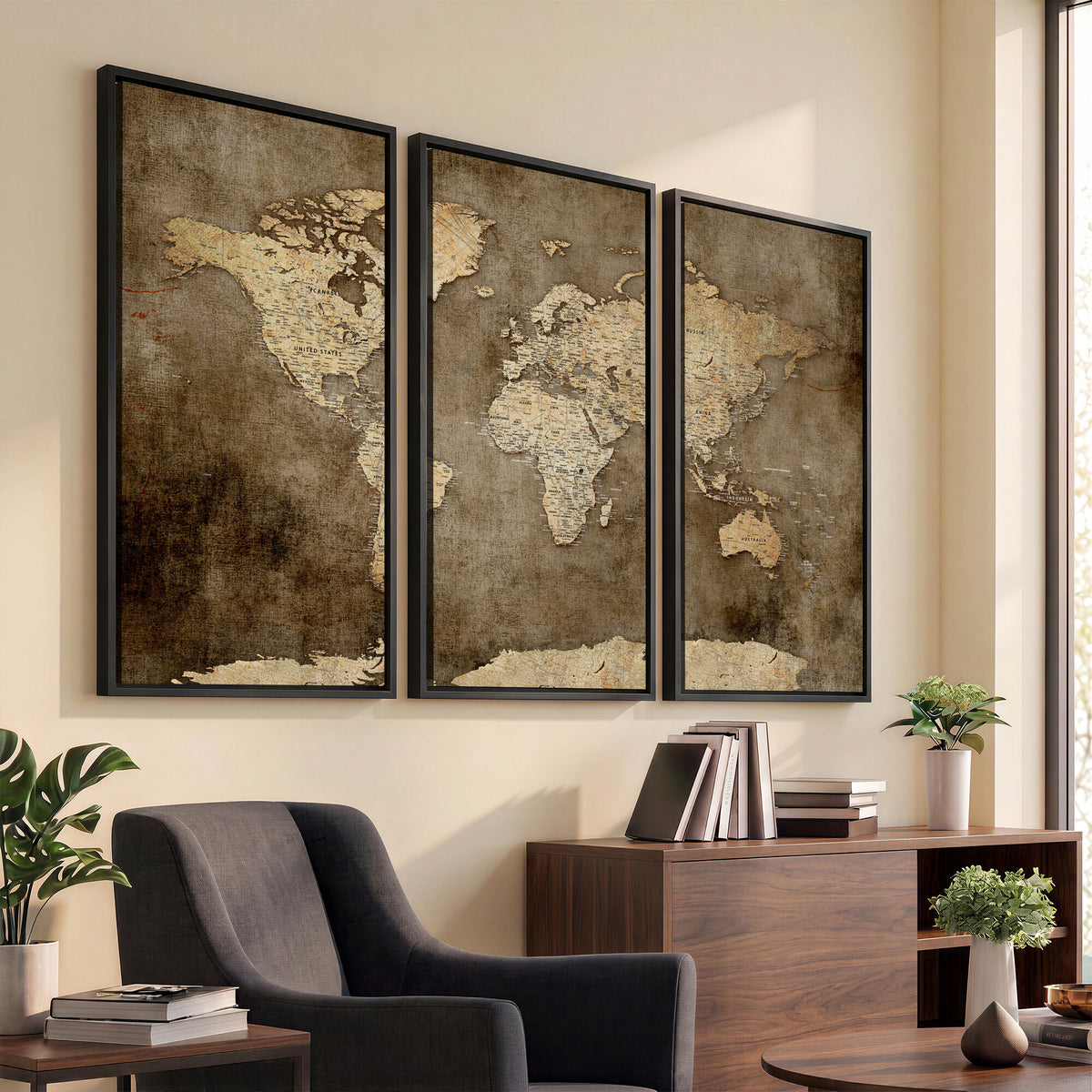 35847542-MGV-CV-36X24 - Dark Vintage World Map Canvas Wall Art Print, Antique Map
