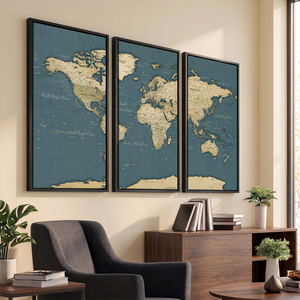 99599383-MGV-CV-36X24 - Minimal Vintage World Map Canvas Wall Art Print, Neutral