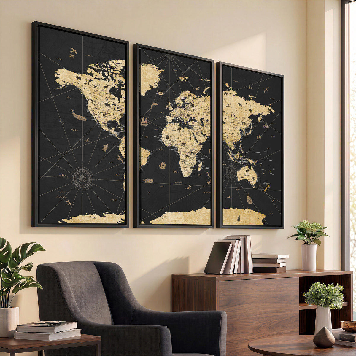 80270976-MGV-CV-36X24 - World Map Wall Art Canvas Print, Modern Decorative Framed Map Artwork Prints for Living Room, Office, Bedroom Wall Decor
