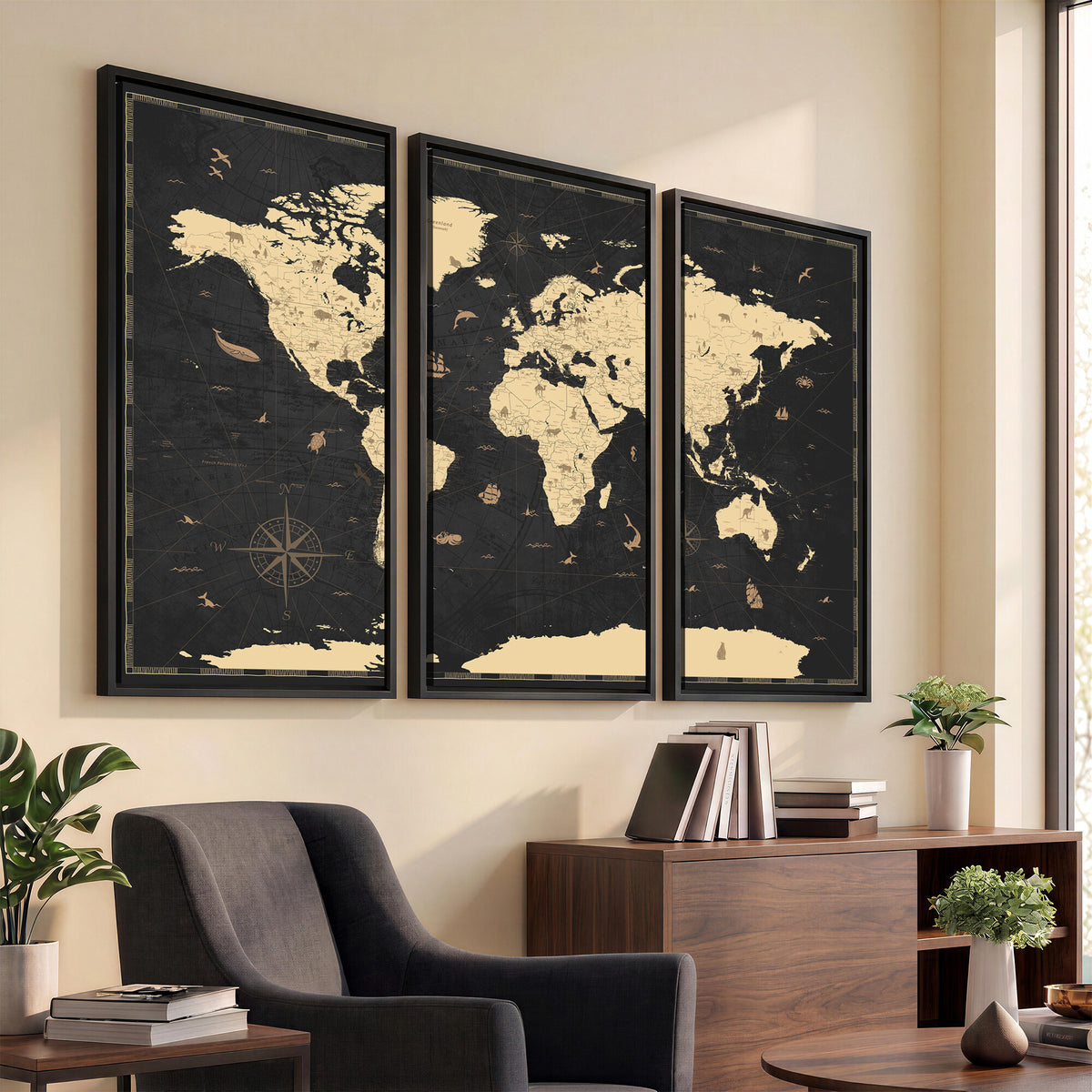 75220264-MGV-CV-36X24 - World Map Wall Art Canvas Print, Modern Decorative Framed Map Artwork Prints for Living Room, Office, Bedroom Wall Decor