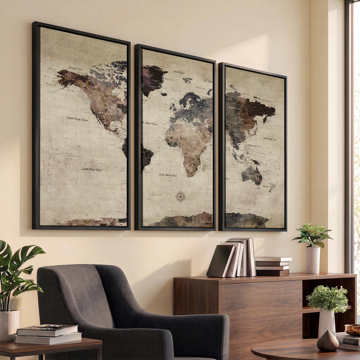 60560672-MGV-CV-36X24 - World Map Wall Art Canvas Print, Modern Decorative Framed Map Artwork Prints for Living Room, Office, Bedroom Wall Decor