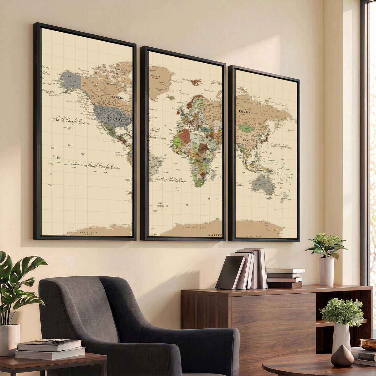 31407854-MGV-CV-36X24 - World Map Wall Art Canvas Print, Modern Decorative Framed Map Artwork Prints for Living Room, Office, Bedroom Wall Decor
