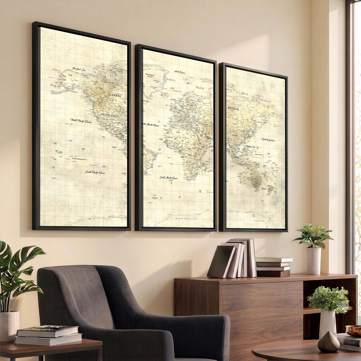 17101439-MGV-CV-36X24 - World Map Wall Art Canvas Print, Modern Decorative Framed Map Artwork Prints for Living Room, Office, Bedroom Wall Decor