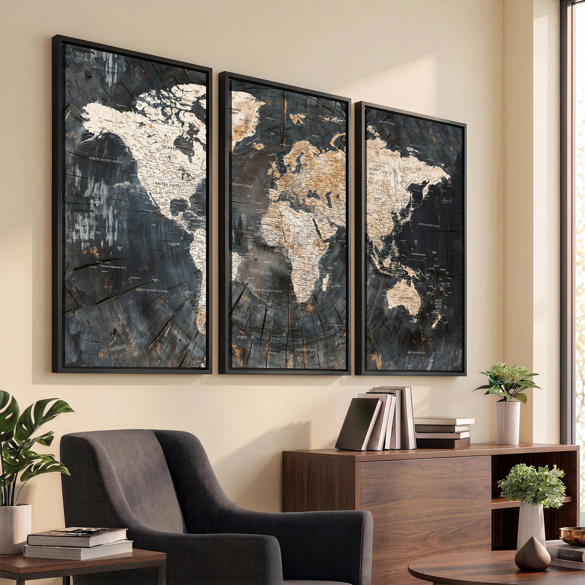 89162112-MGV-CV-36X24 - World Map Wall Art Canvas Print, Modern Decorative Framed Map Artwork Prints for Living Room, Office, Bedroom Wall Decor