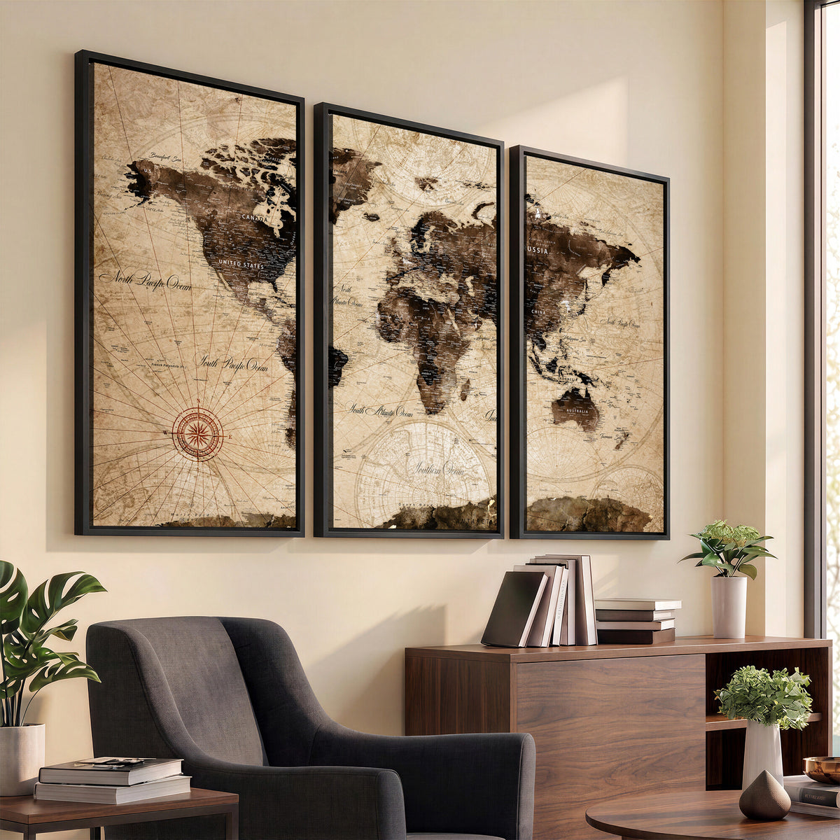 47657418-MGV-CV-36X24 - World Map Wall Art Canvas Print, Modern Decorative Framed Map Artwork Prints for Living Room, Office, Bedroom Wall Decor