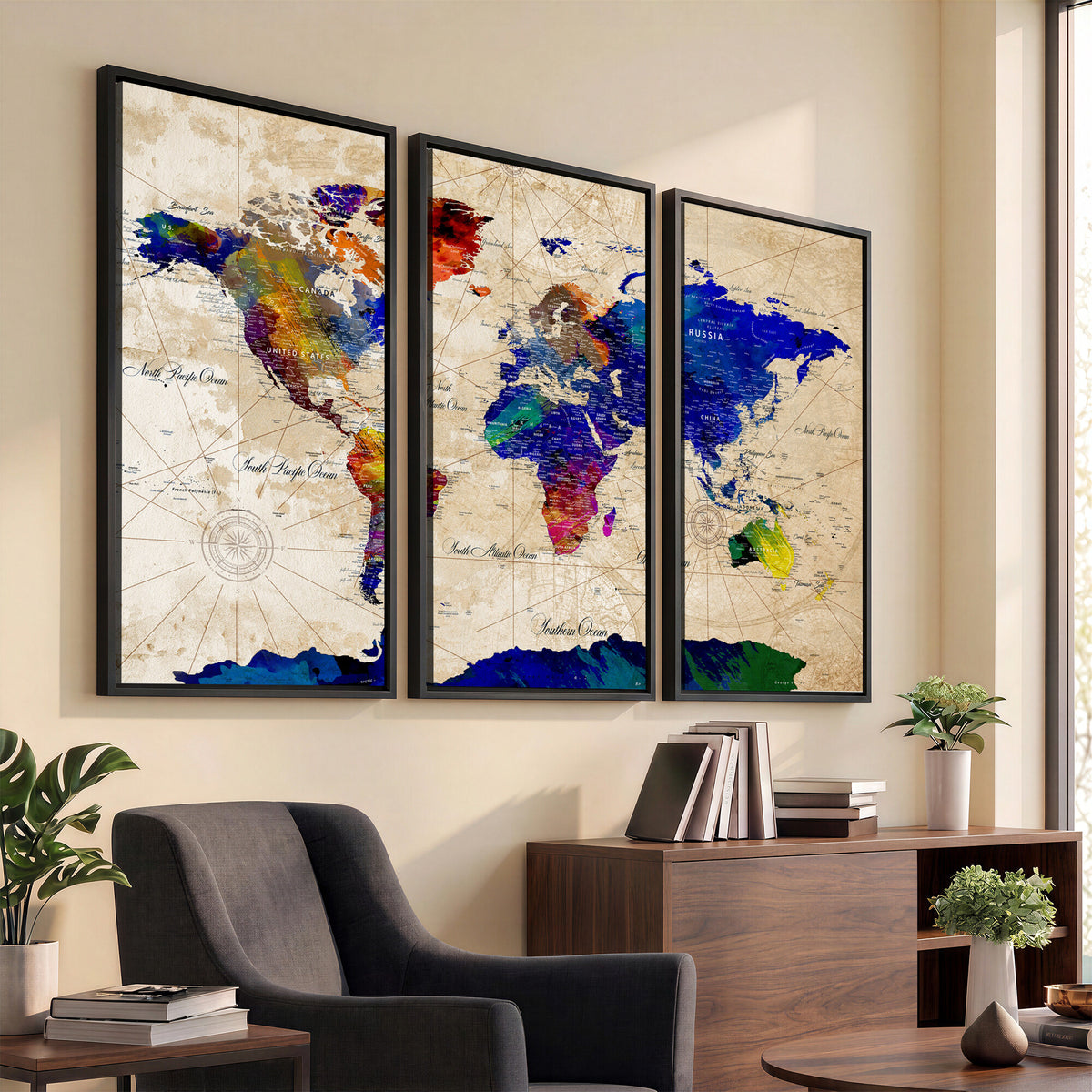 26284075-MGV-CV-36X24 - World Map Wall Art Canvas Print, Modern Decorative Framed Map Artwork Prints for Living Room, Office, Bedroom Wall Decor