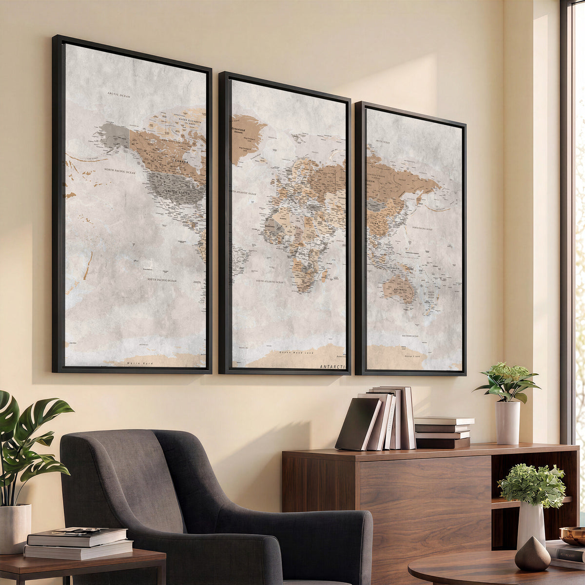 34051638-MGV-CV-36X24 - Detailed World Map Wall Art Canvas Print for Home and Office Decor
