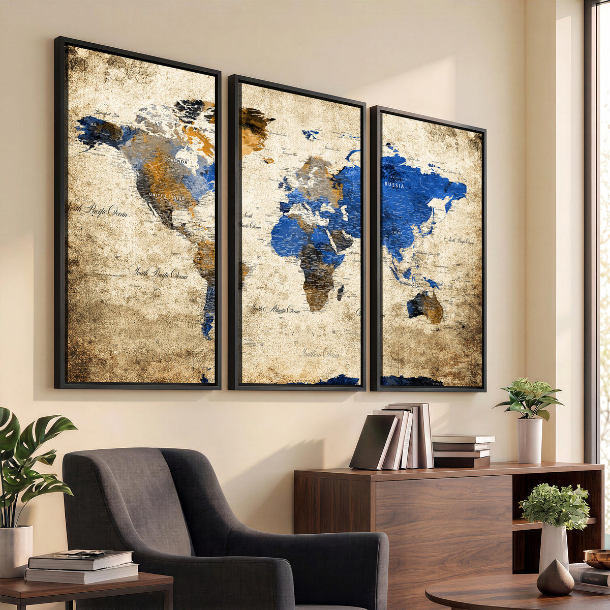 27314341-MGV-CV-36X24 - World Map Wall Art Canvas Print, Modern Decorative Framed Map Artwork Prints for Living Room, Office, Bedroom Wall Decor