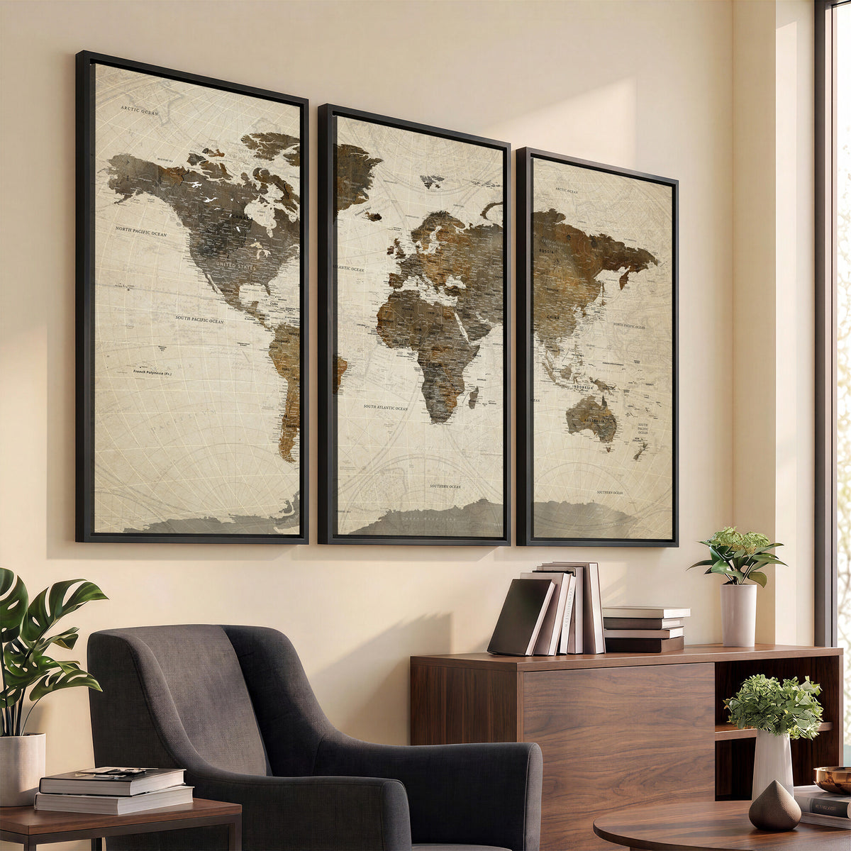 49623468-MGV-CV-36X24 - World Map Wall Art Canvas Print, Modern Decorative Framed Map Artwork Prints for Living Room, Office, Bedroom Wall Decor