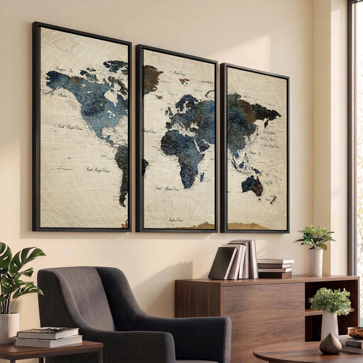 72927803-MGV-CV-36X24 - World Map Wall Art Canvas Print, Modern Decorative Framed Map Artwork Prints for Living Room, Office, Bedroom Wall Decor