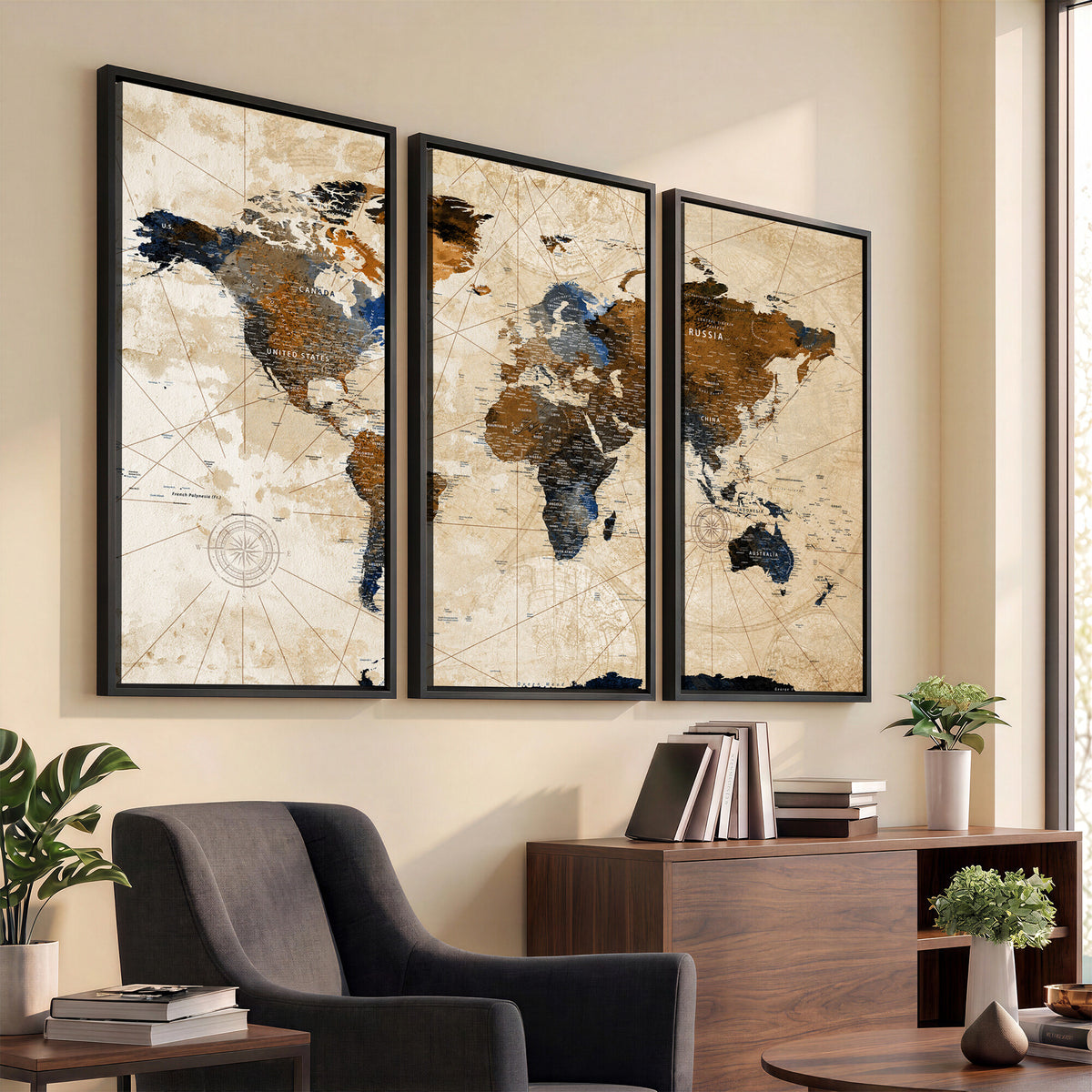 15727090-MGV-CV-36X24 - World Map Wall Art Canvas Print, Modern Decorative Framed Map Artwork Prints for Living Room, Office, Bedroom Wall Decor