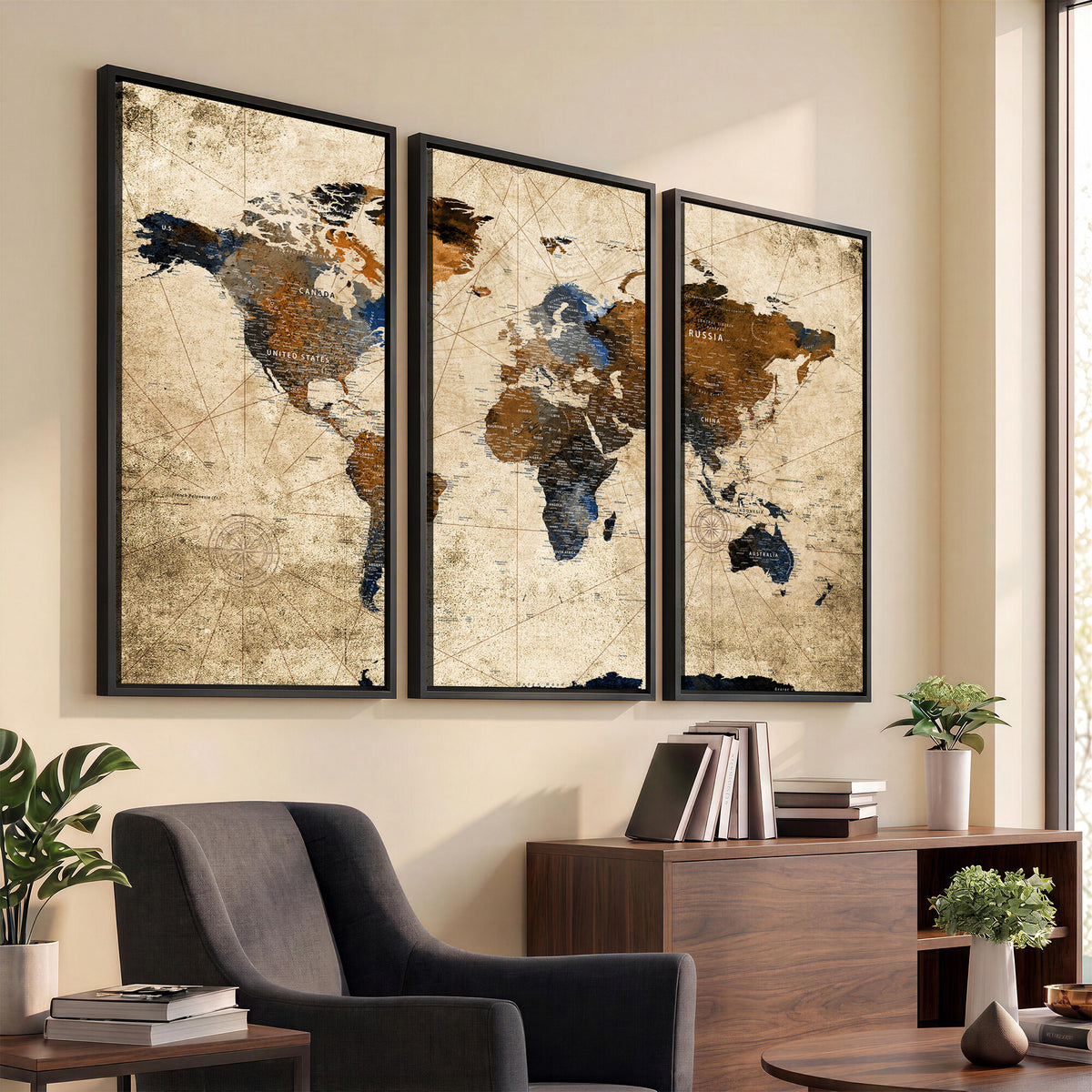 27163414-MGV-CV-36X24 - World Map Wall Art – Rustic Earth Tone Canvas Print, Antique