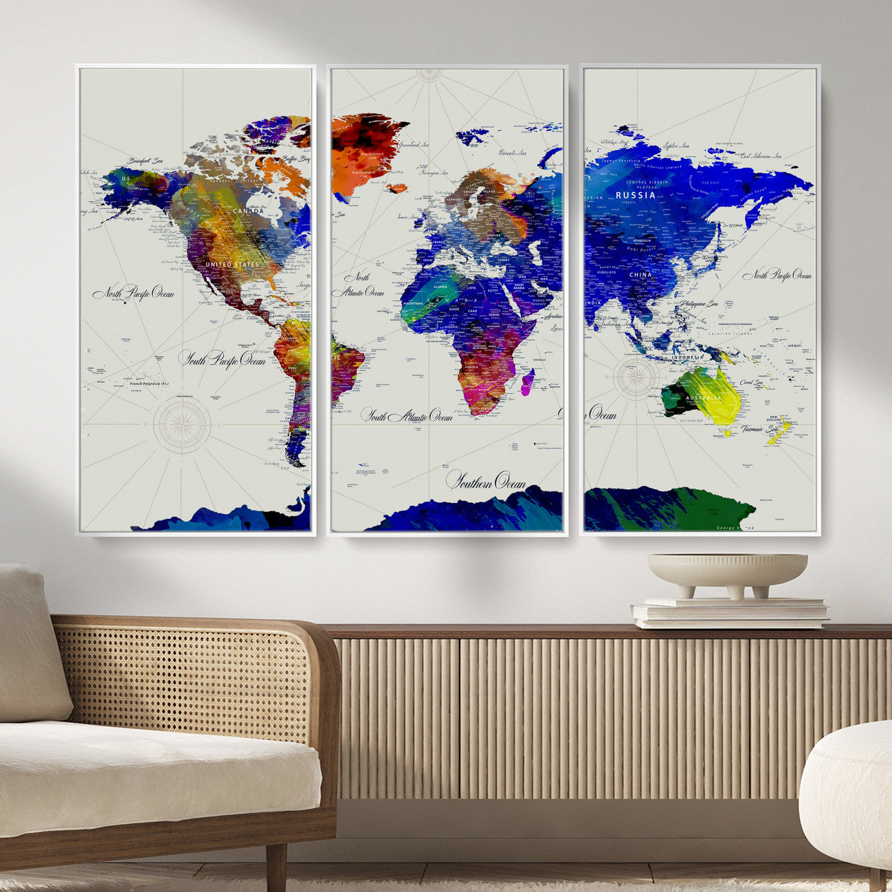 49670038-MGV-CV-36X24 - World Map Wall Art Canvas Print, Modern Decorative Framed Map Artwork Prints for Living Room, Office Decor