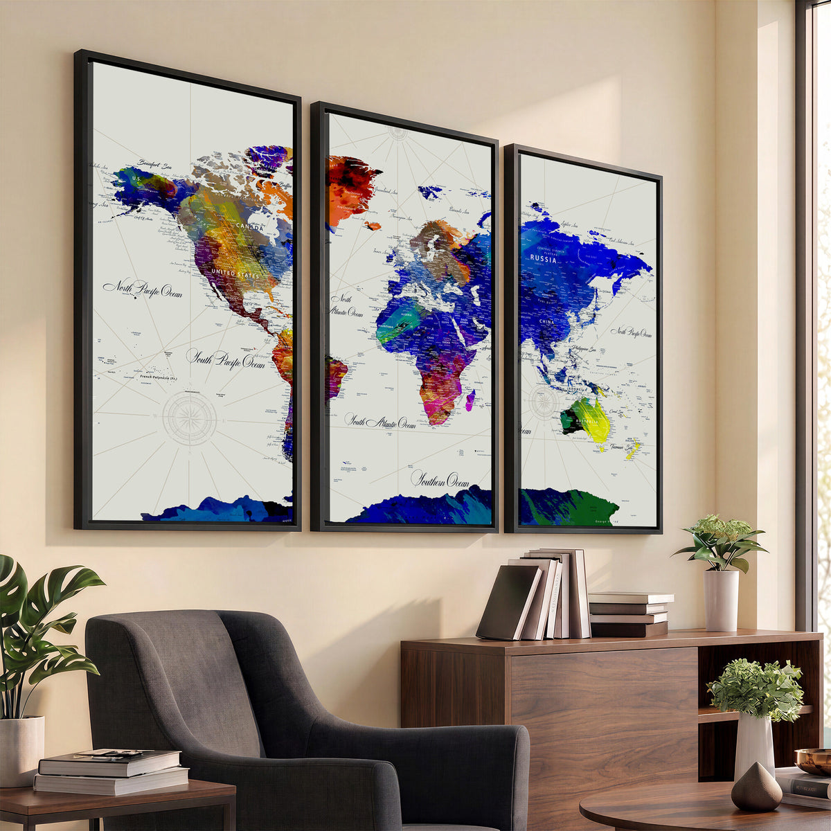 49670038-MGV-CV-36X24 - World Map Wall Art Canvas Print, Modern Decorative Framed Map Artwork Prints for Living Room, Office, Bedroom Wall Decor