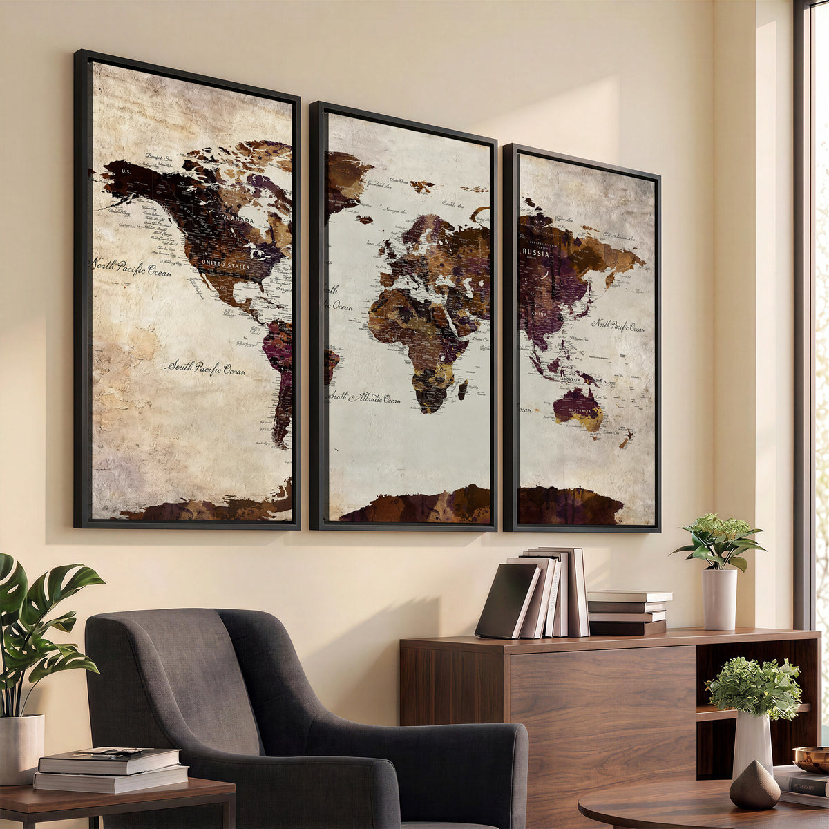 50611123-MGV-CV-36X24 - World Map Canvas Triptych | Colorful Global Wall Art for Living Rooms