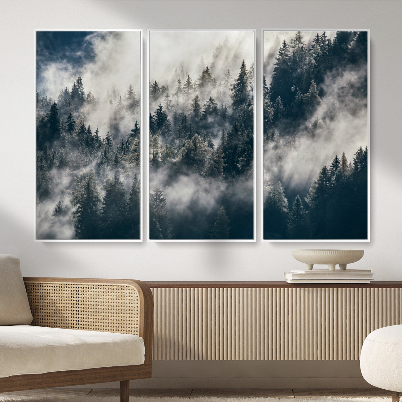 63405824-MGV-CV-36X24 - Foggy Mountain Forest Canvas Print, Misty Pine Trees Nature Wall Art, Framed Canvas Ready to Hang