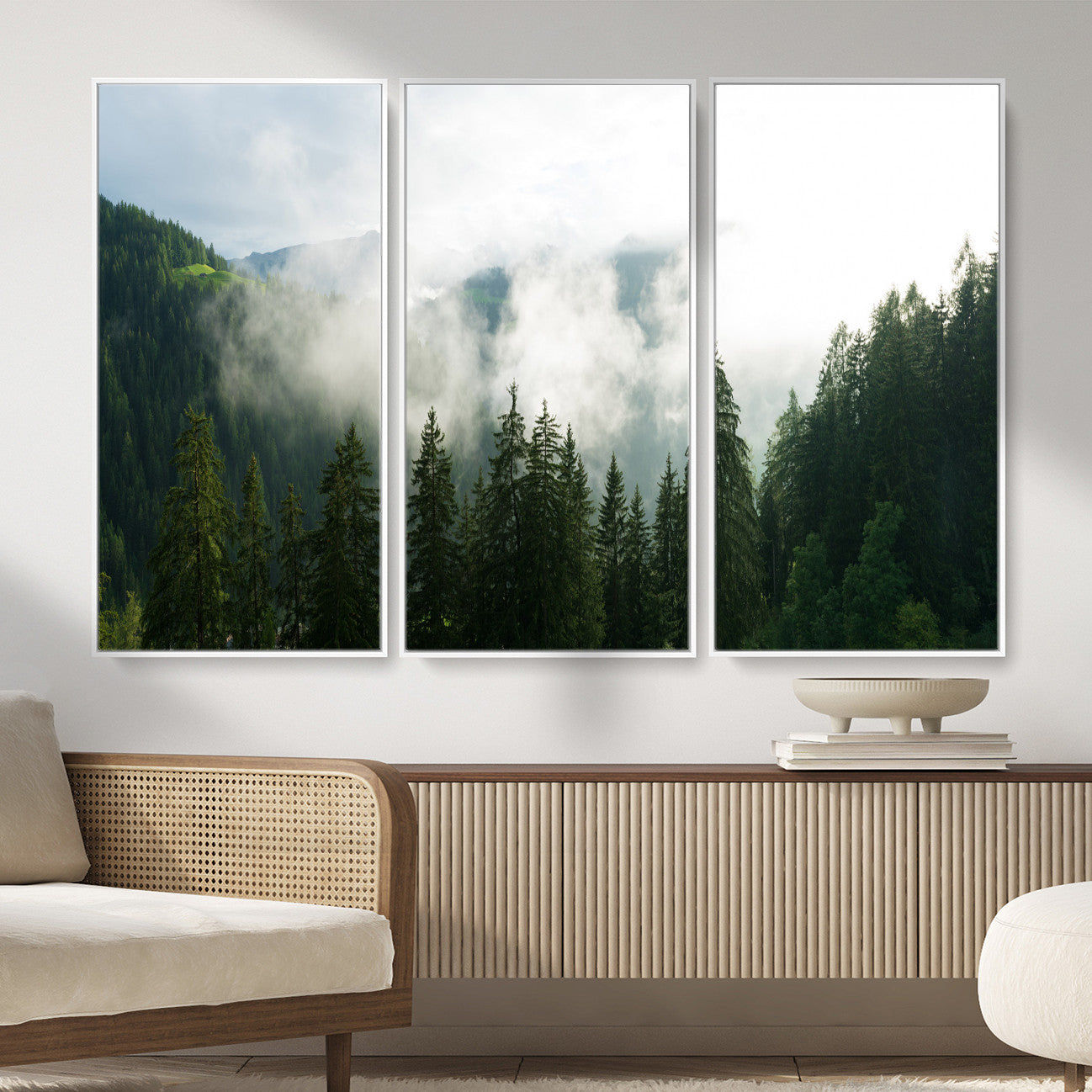 67174129-MGV-CV-36X24 - Misty Mountain Forest Canvas Print, Foggy Pine Trees Nature Wall Art, Framed Canvas Ready to Hang