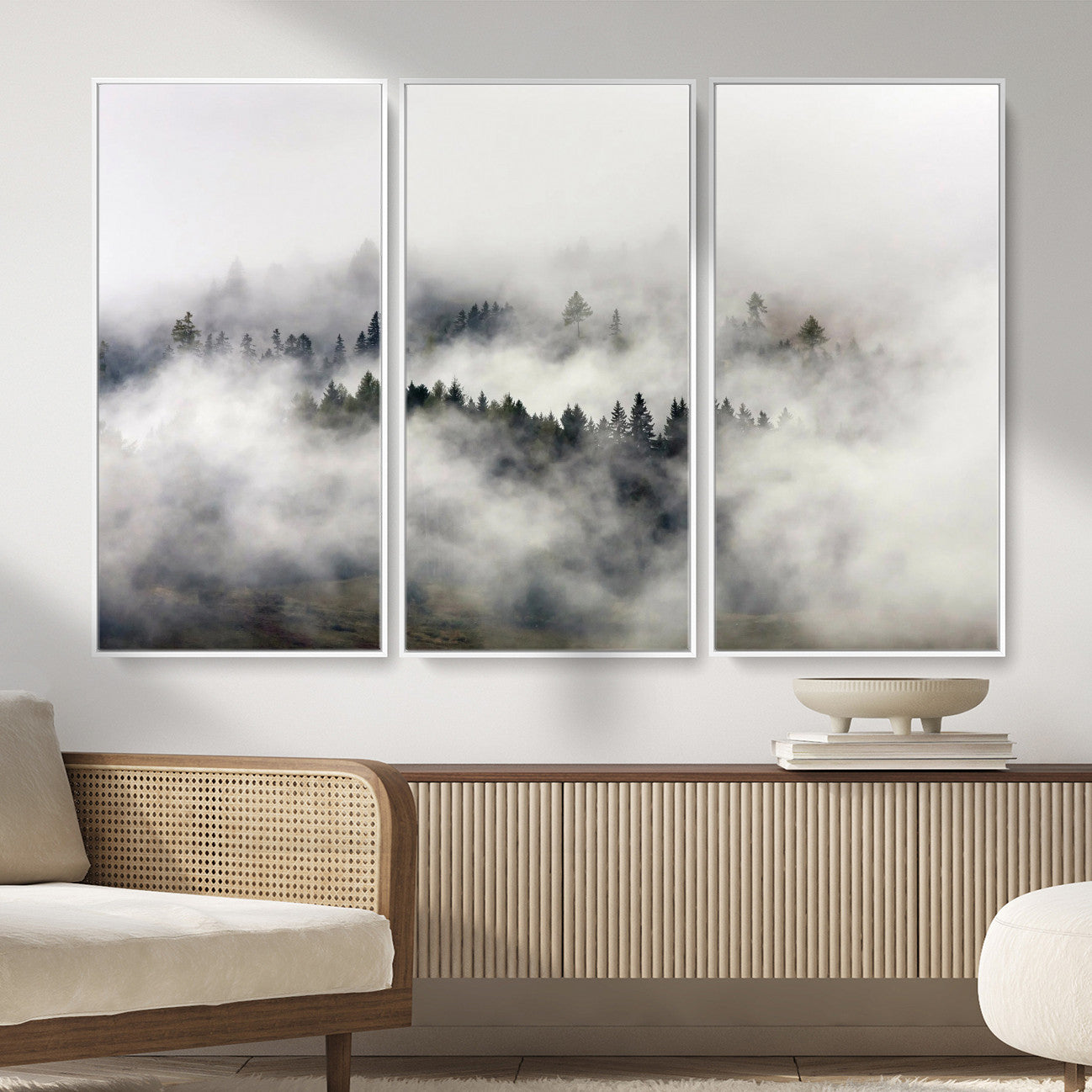 63235457-MGV-CV-36X24 - Foggy Forest Wall Art Canvas Print, Misty Pine Tree Landscape Wall Art Print, Framed Wall Art Ready to Hang