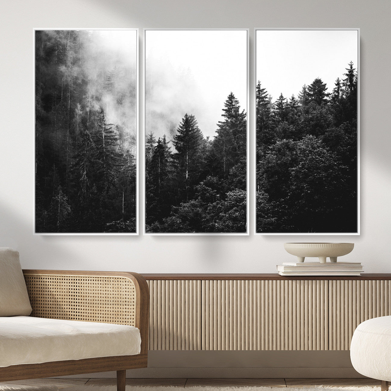 98764151-MGV-CV-36X24 - Black and White Forest Wall Art Canvas Print, Misty Pine Tree Landscape Photography, Framed Wall Art Ready to Hang