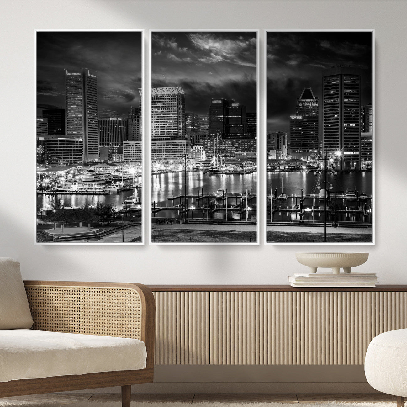 79755655-MGV-CV-36X24 - Baltimore Skyline Wall Art Canvas Print, Baltimore Downtown Night Cityscape Print for Modern Urban Wall Decor