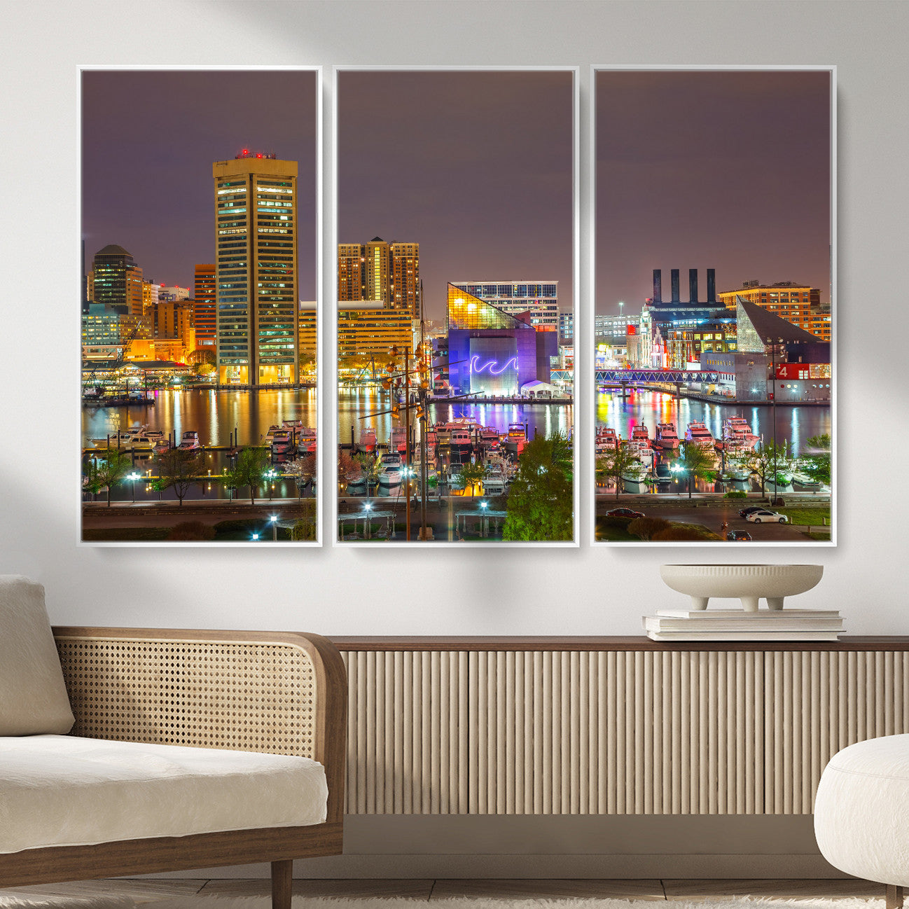 42654823-MGV-CV-36X24 - Baltimore Skyline Wall Art Canvas Print, Baltimore Downtown Night Cityscape Print for Modern Urban Wall Decor