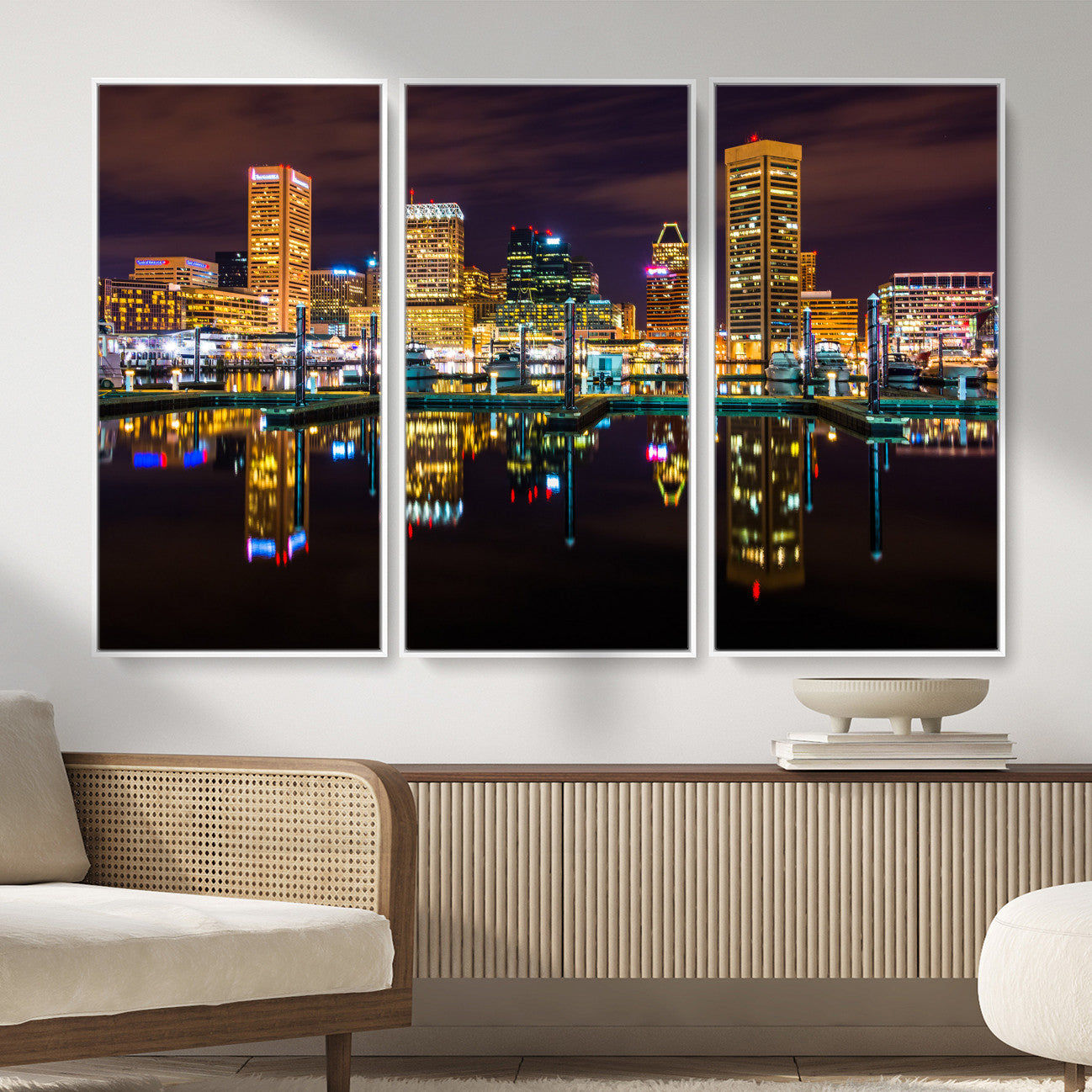 38201692-MGV-CV-36X24 - Baltimore Skyline Wall Art Canvas Print, Baltimore Downtown Night Cityscape Print for Modern Urban Wall Decor