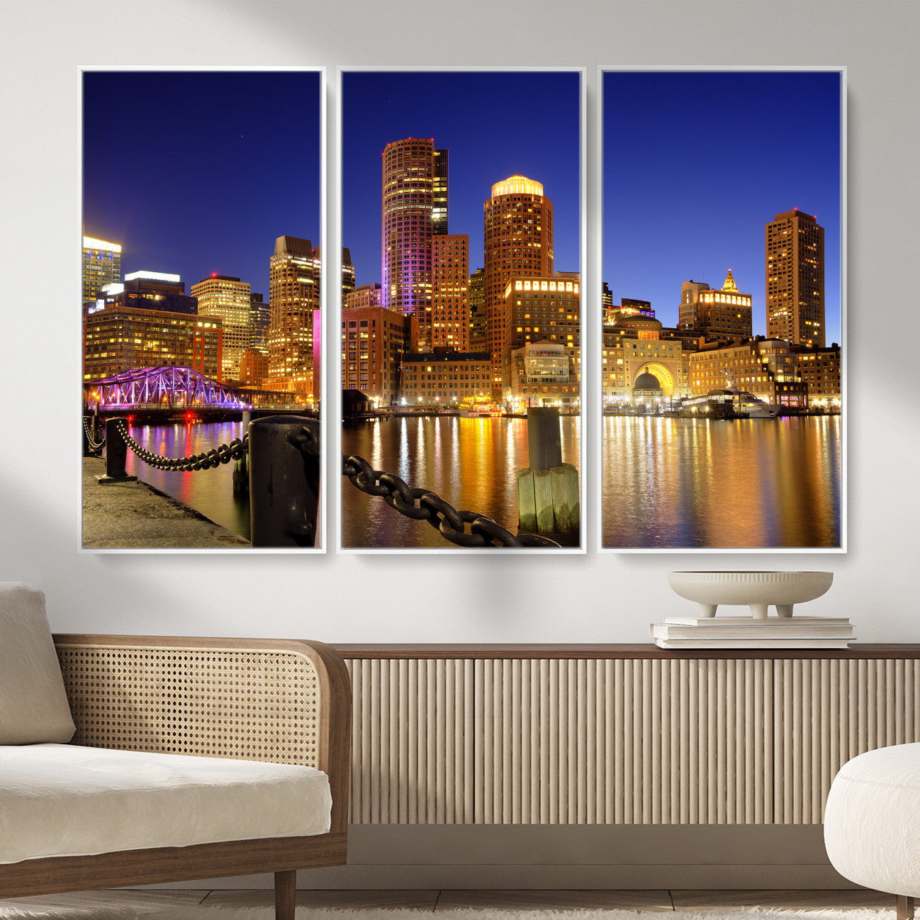 56611117-MGV-CV-36X24 - Boston Wall Art Canvas Print, Boston City Downtown Night Cityscape Print for Modern Urban Wall Decor