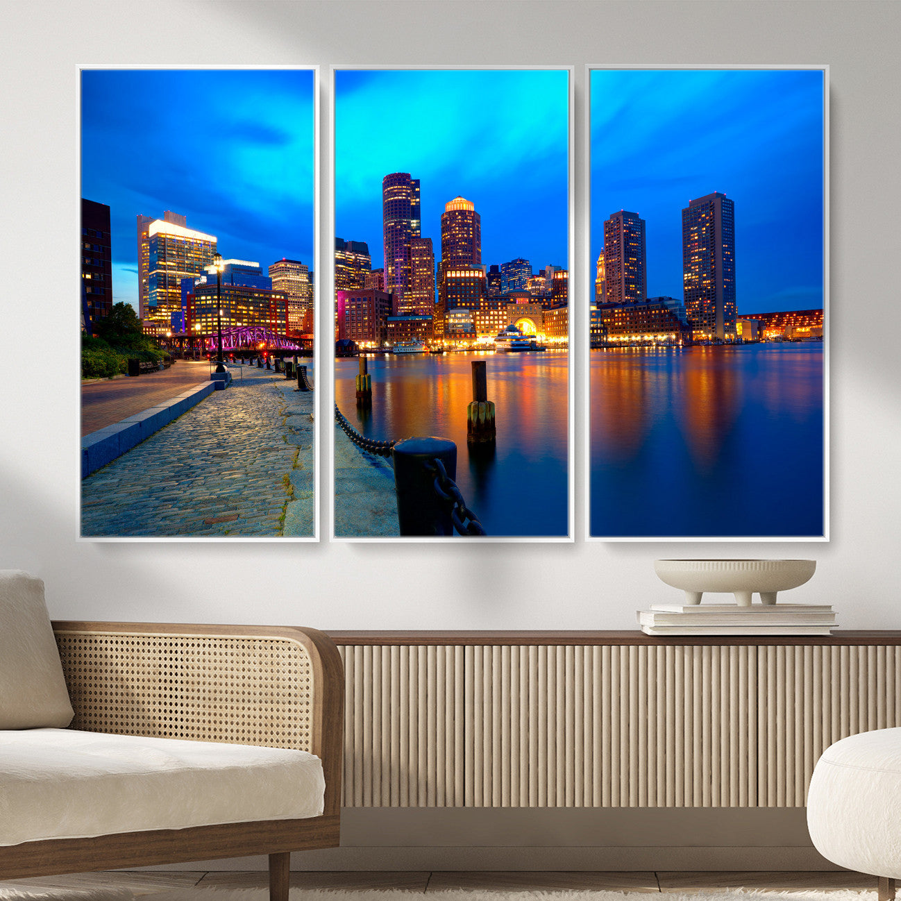 69619565-MGV-CV-36X24 - Boston Wall Art Canvas Print, Boston City Downtown Night Cityscape Print for Modern Urban Wall Decor