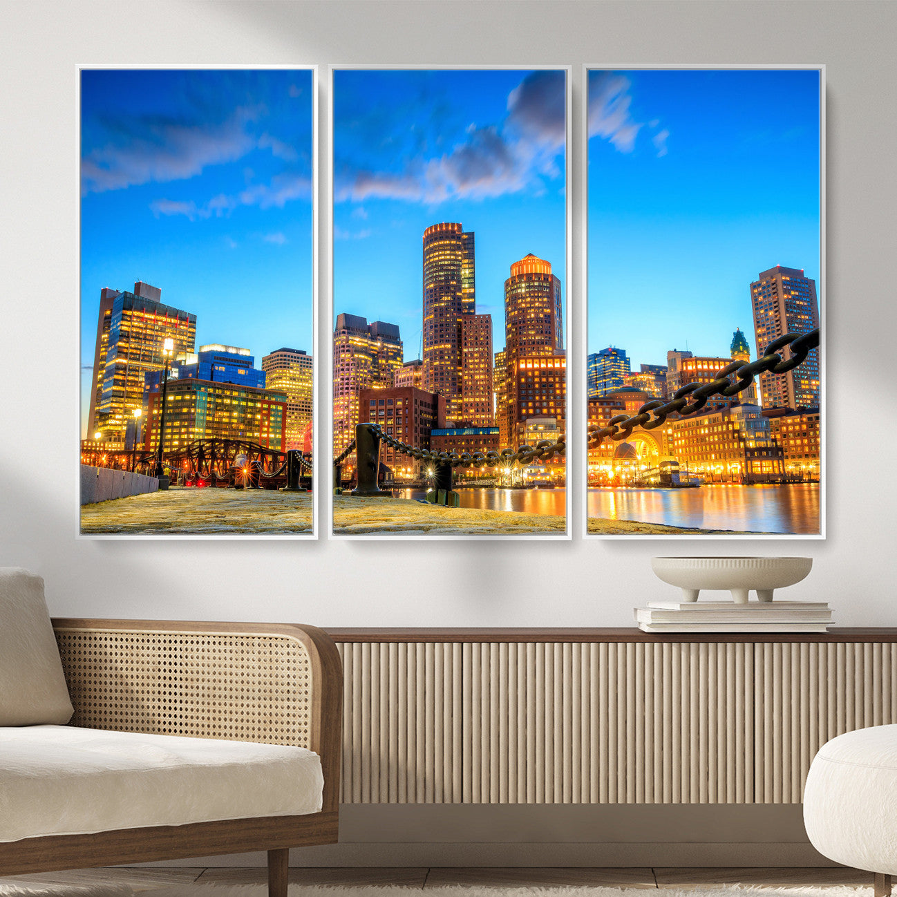46736409-MGV-CV-36X24 - Boston Wall Art Canvas Print, Boston City Downtown Night Cityscape Print for Modern Urban Wall Decor