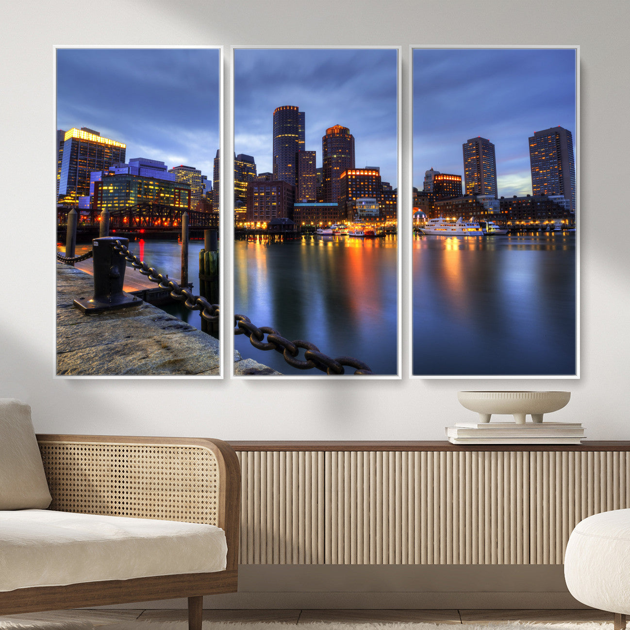 82439622-MGV-CV-36X24 - Boston Wall Art Canvas Print, Boston City Downtown Night Cityscape Print for Modern Urban Wall Decor