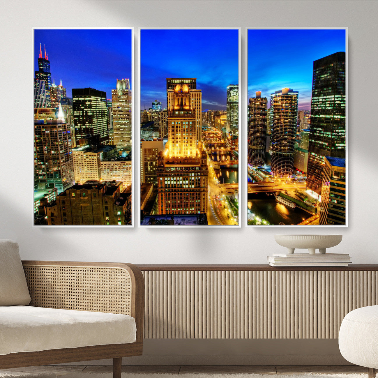 46298885-MGV-CV-36X24 - Chicago Wall Art Canvas Print, Chicago City Downtown Night Cityscape Print for Modern Urban Wall Decor