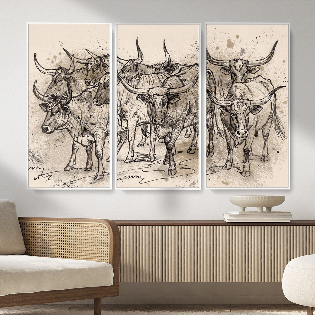 74232558-MGV-CV-36X24 - Farmhouse Animals Wall Art Canvas Print - Abstract Farm Animal Drawing Mid-Century Wall Art for Cabin Decor