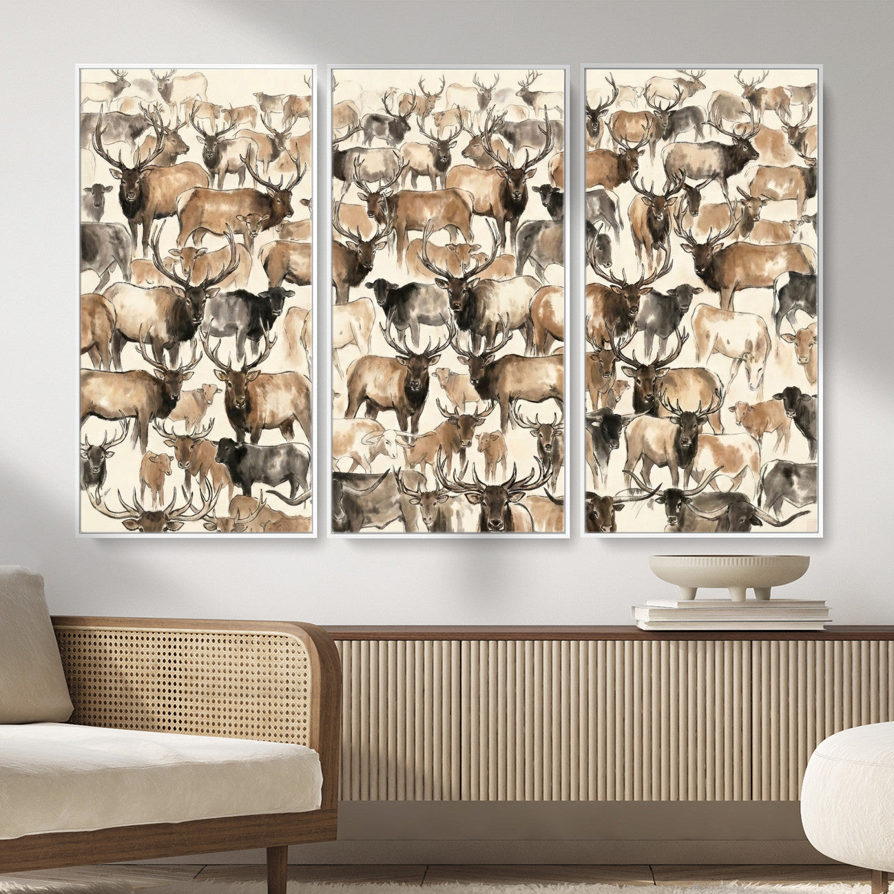 24374881-MGV-CV-36X24 - Farmhouse Animals Wall Art Canvas Print - Abstract Farm Animal Drawing Mid-Century Wall Art for Cabin Decor
