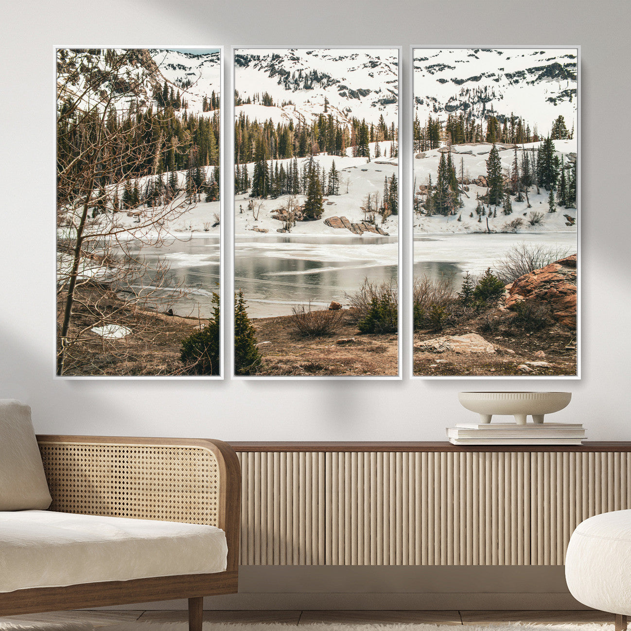 10336249-MGV-CV-36X24 - Snowy Mountain Landscape Wall Art Canvas Print, Alpine Pine Forest Winter Nature Wall Decor for Living Room and Office