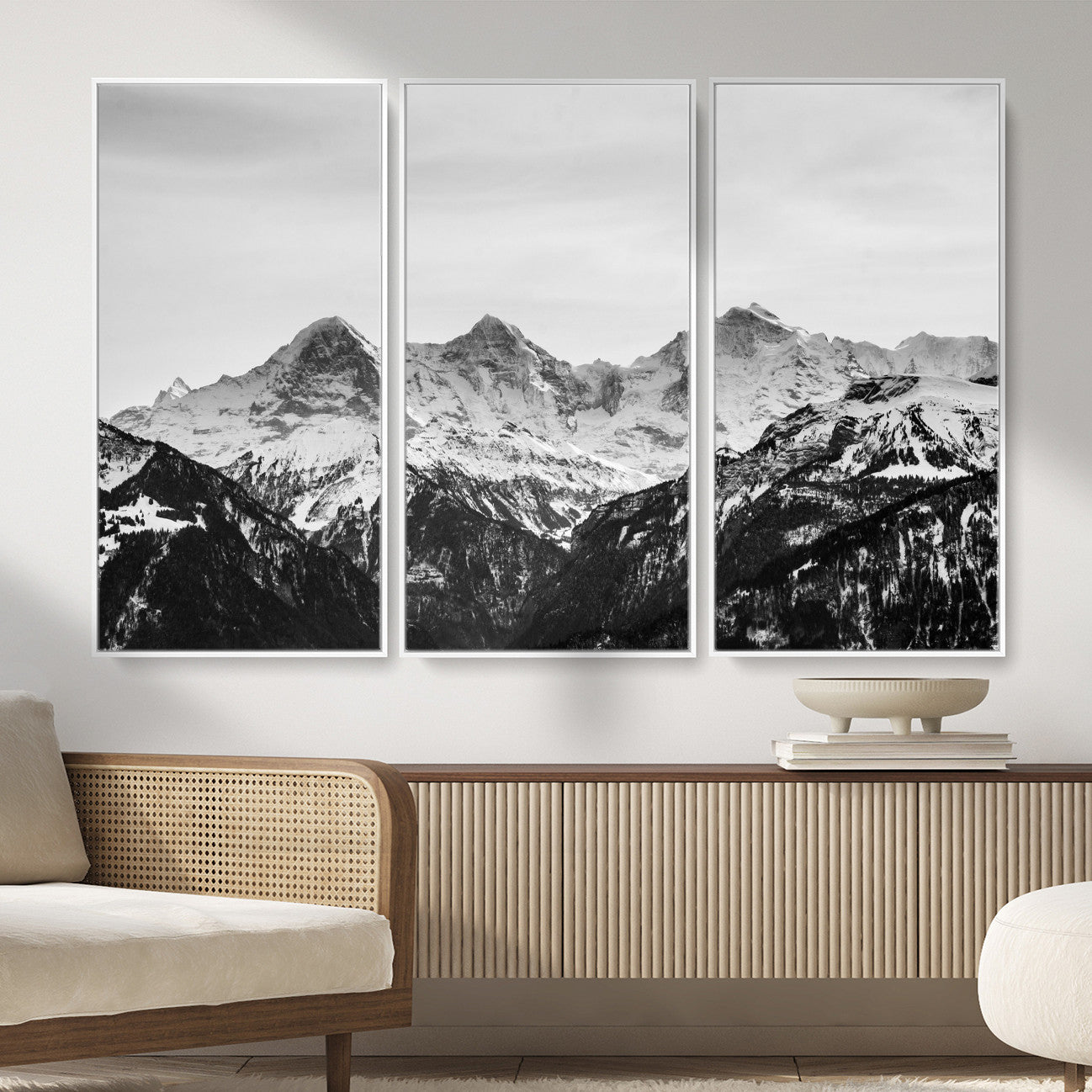 85684934-MGV-CV-36X24 - Black and White Mountain Wall Art Canvas Print, Snowy Alpine Peaks Landscape Photography, Minimal Monochrome Mountain Art, Scenic Nature Wall Decor