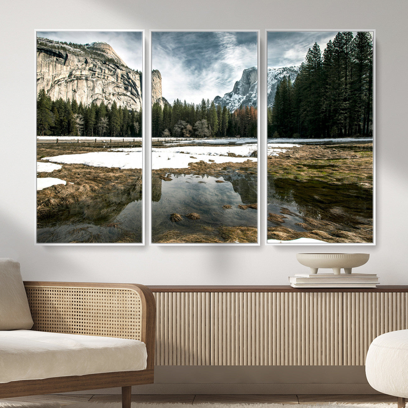 14527348-MGV-CV-36X24 - Yosemite Valley Mountain Landscape Wall Art Canvas Print, Granite Cliff Forest Valley Canvas Print, California National Park Scenic Art Printing