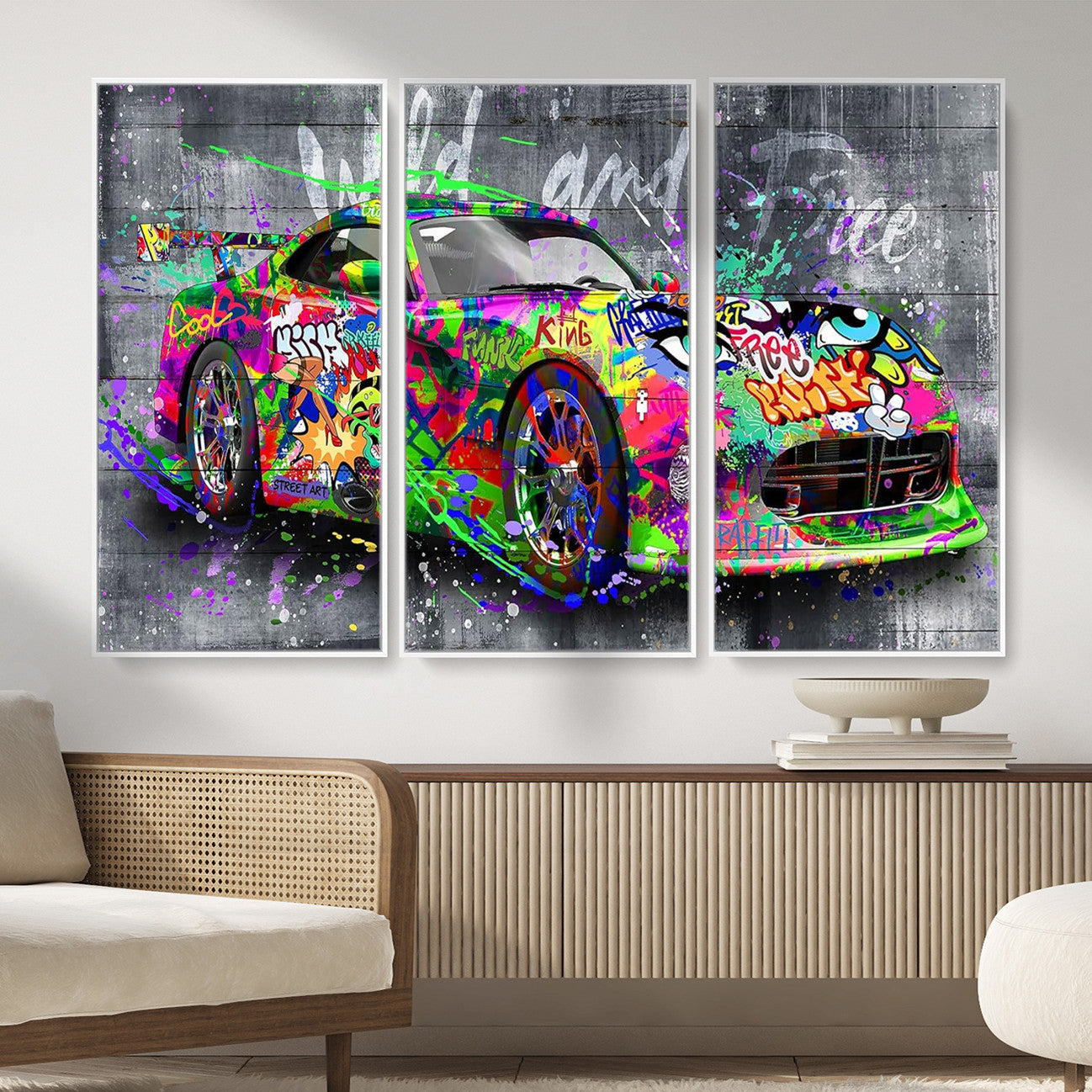 95314968-MGV-CV-36X24 - Graffiti Sports Car Street Art Wall Art Canvas Print, Colorful Urban Supercar Pop Art Canvas Print, Modern Graffiti Car Contemporary Art Printing